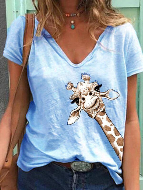 Women Cotton V Neck Giraffe Print Shirt Tee - CHALIER