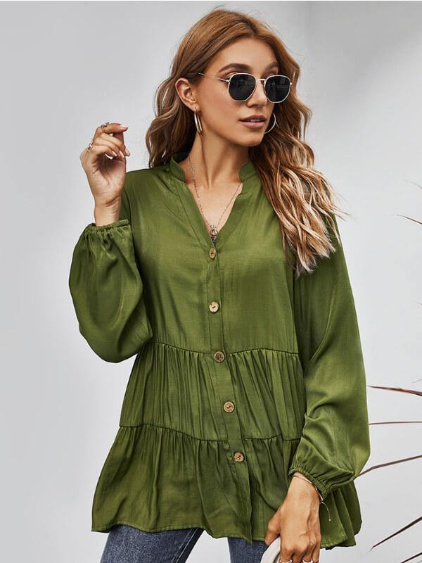 Ladies V Neck Long Sleeve Solide Causal Blouse - CHALIER