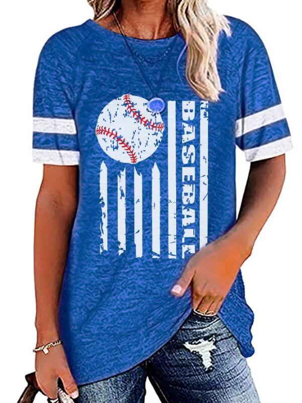 Women Striped Baseball Printed Short Sleeve T-Shirt