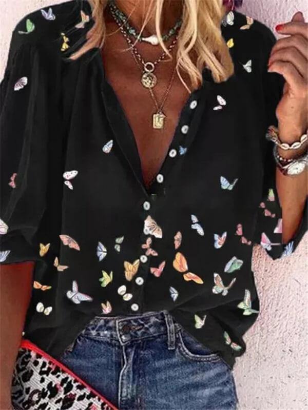 Women Colorful Butterfly Print Chiffon Long Sleeve Shirt - CHALIER