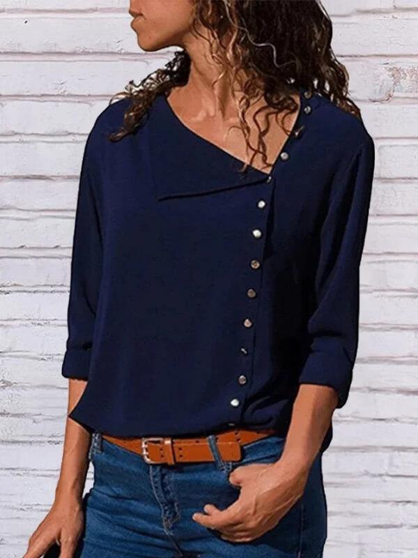 Women Long Sleeve Casual Solid Buttoned Blouse - CHALIER