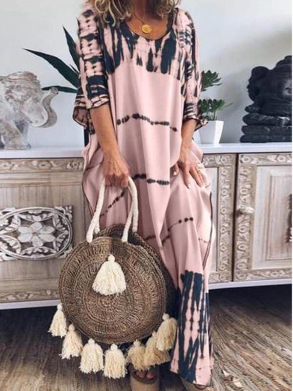 Oversize Round Neck Tie Dye Printed Dress - CHALIER