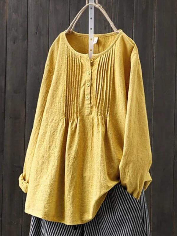 Women Casual Cotton Long Sleeve Shirts Solid Blouses - CHALIER