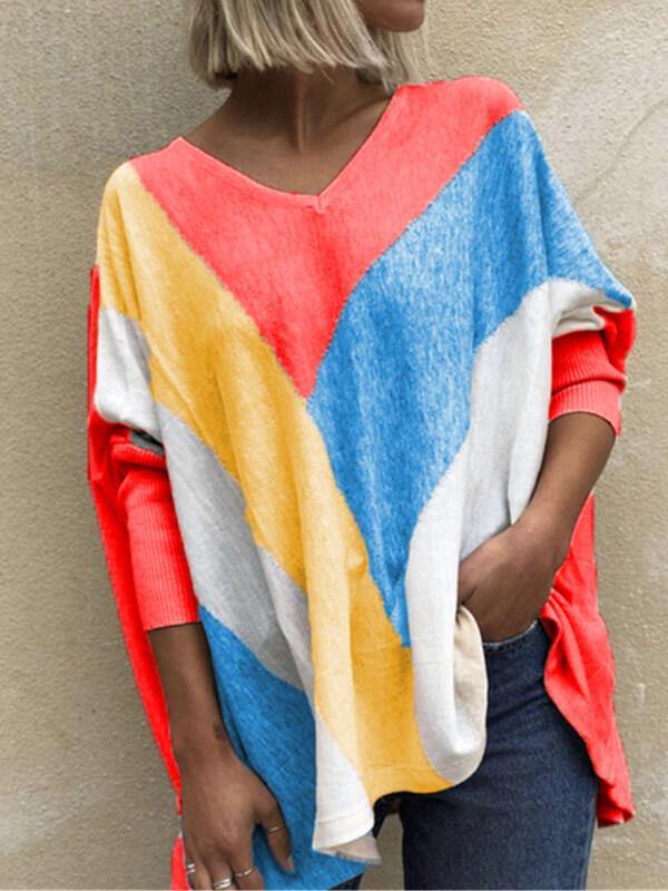 V Neck Oversize Stitch Long Sleeve Casual T-Shirt&Top - CHALIER