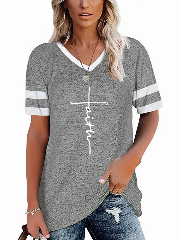 Women Letter Printed V Neck Short Sleeve T-Shirt
