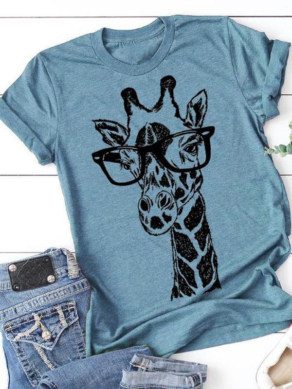 Giraffe Printed Casual Short Sleeve Top Summer Basic Tee - CHALIER