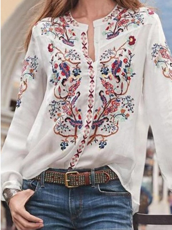 Women Floral Printed Loose Long Sleeve Blouse