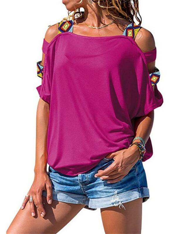 Ladies Geometric Cold Shoulder Casual Short Sleeve Tee - CHALIER