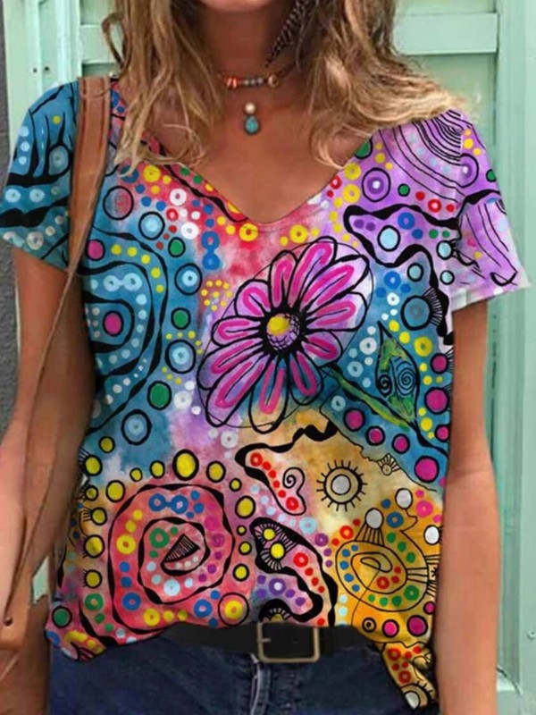 Women Abstract Painting Floral Printed Casual Short Sleeve T-Shirt