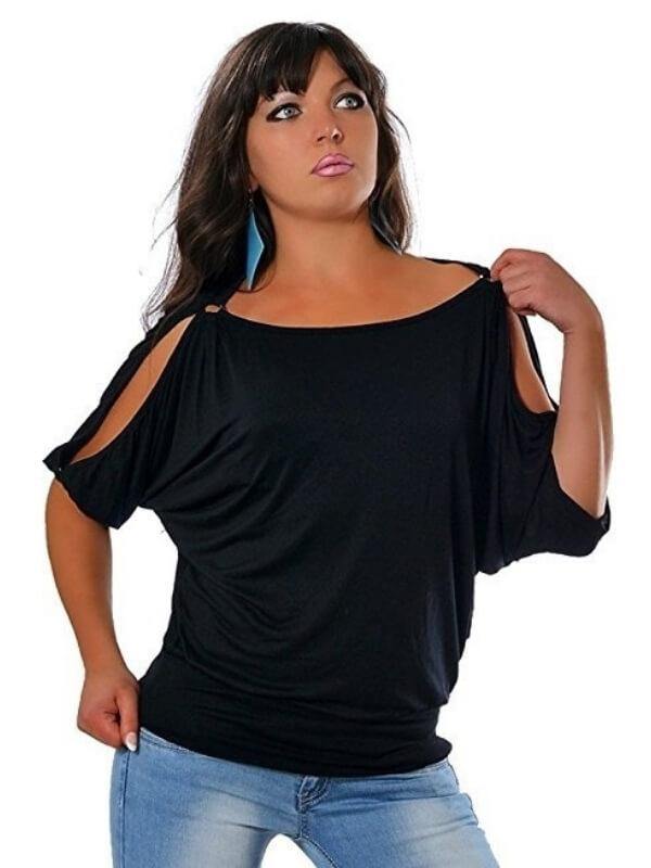 Women Cold Shoulder Round Neck Plus Size T-Shirt - CHALIER