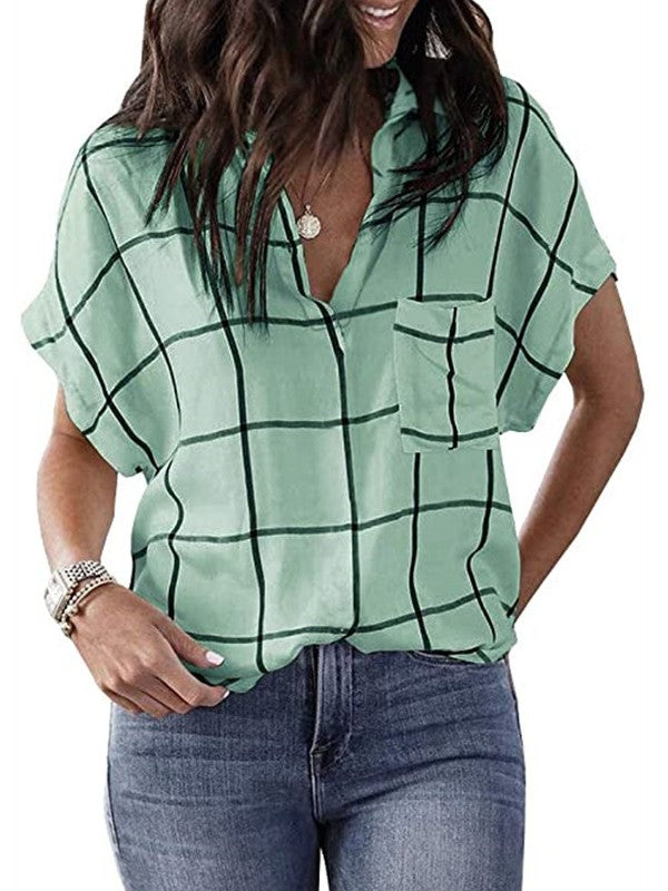 Women Plaid Printed V Neck Short Sleeve Blouse