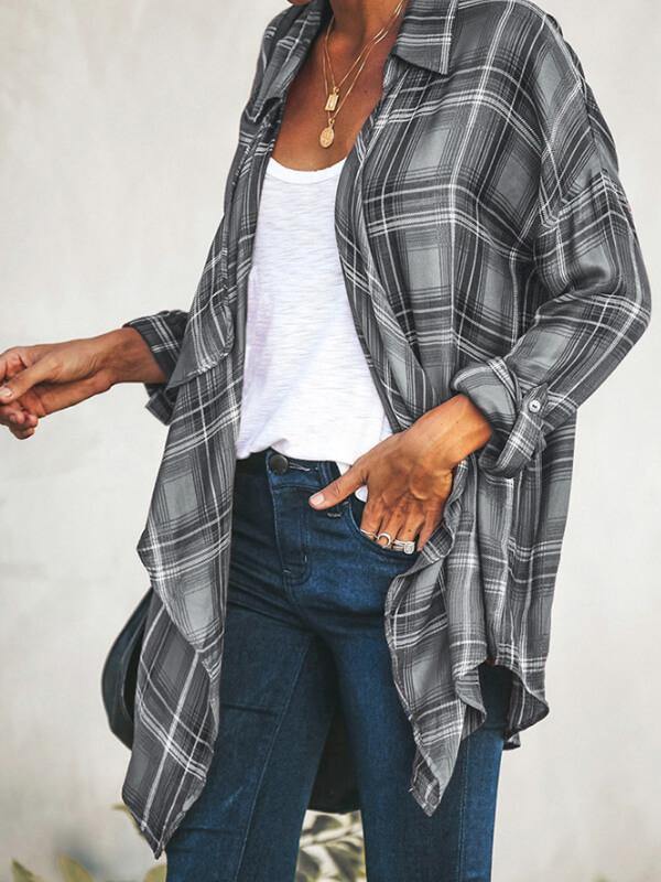 Women Cotton-Blend Plaid Long Sleeve Top - CHALIER