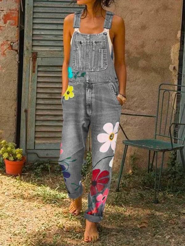 Women Sleeveless Pocket Floral-Print Denim Casual Jumpsuits - CHALIER