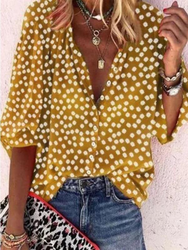 Vintage Half Sleeve Boho Floral Printed V Neck Casual Tops - CHALIER