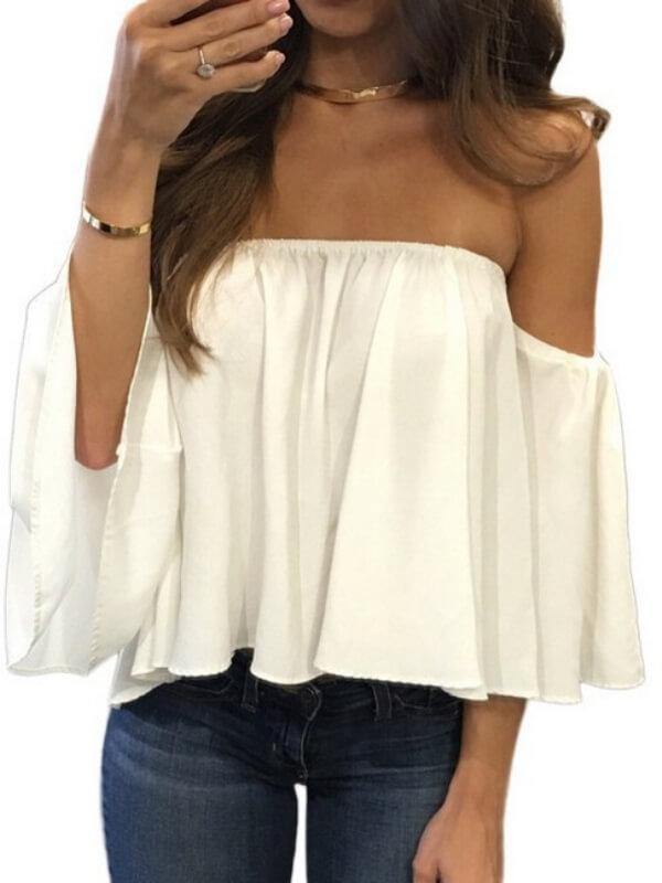 Women Loose Off The Shoulder Long Sleeve Chiffon Shirt - CHALIER