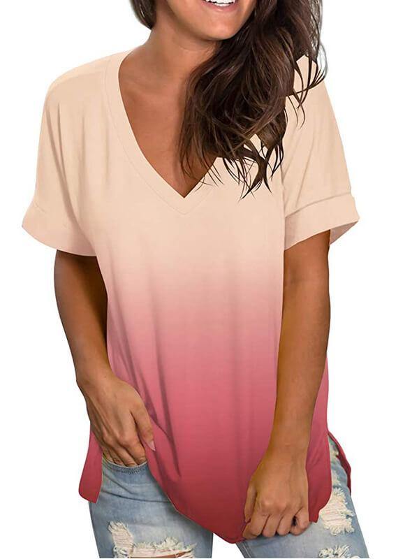 Women Tie Dye Gradient V Neck Short Sleeve T-Shirt - CHALIER