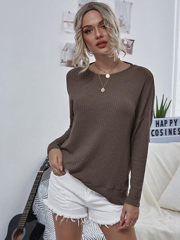 Women Round Neck Loose Backless Solid Long Sleeve Top&Sweatshirt - CHALIER