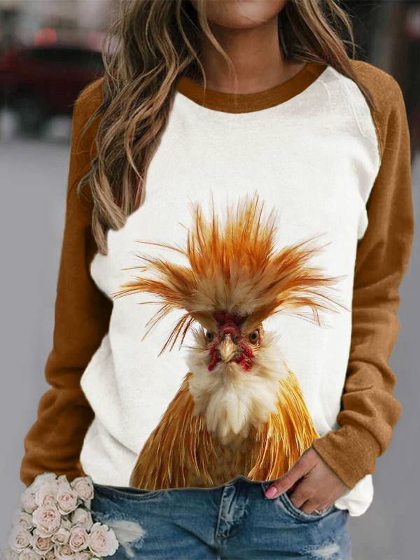 Women's Fun Crazy Chicken Stitching Round Neck Sweatshirt - CHALIER