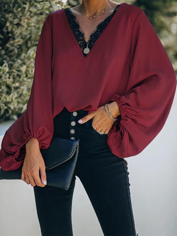Ladies V Neck Lace Lantern Sleeve Top&Shirt - CHALIER