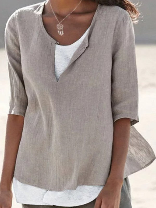 Women V Neck Cotton Linen Solid Casual Blouse