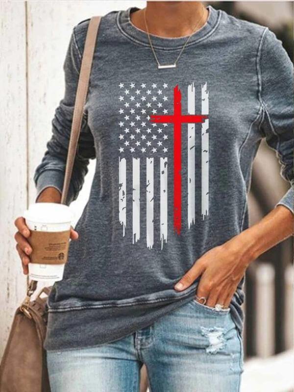 Women's American Flag With Cross Sweatshirt - CHALIER