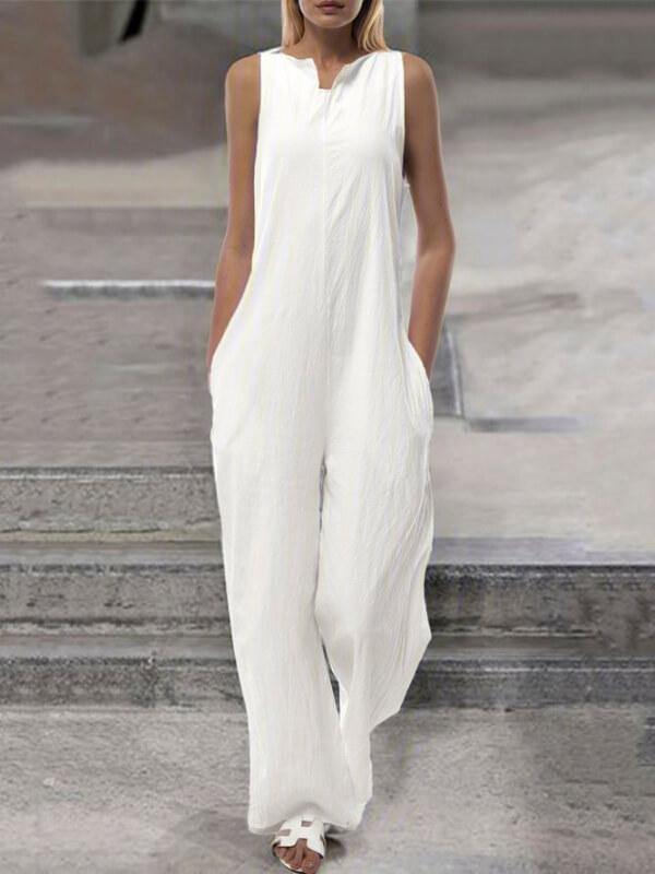 Chalier Plus Size V Neck Solid Sleeveless Beach Resort Jumpsuits Rompers - CHALIER