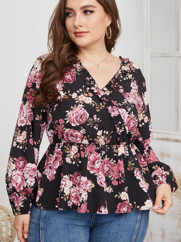Women's Fashion Top Casual Flower Plus Size Shirt