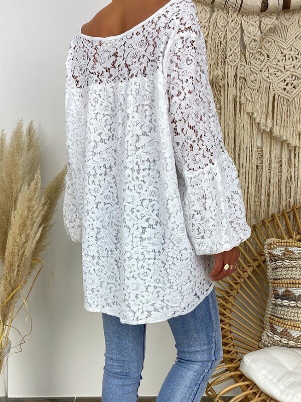 Women V Neck Long Sleeve Hollow Out Lace Blouse