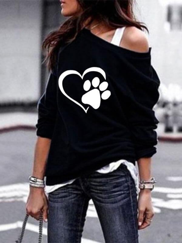 Women's T-shirts Dog Paw Sweatshirts Casual One-shoulder Solid Round Neck - CHALIER
