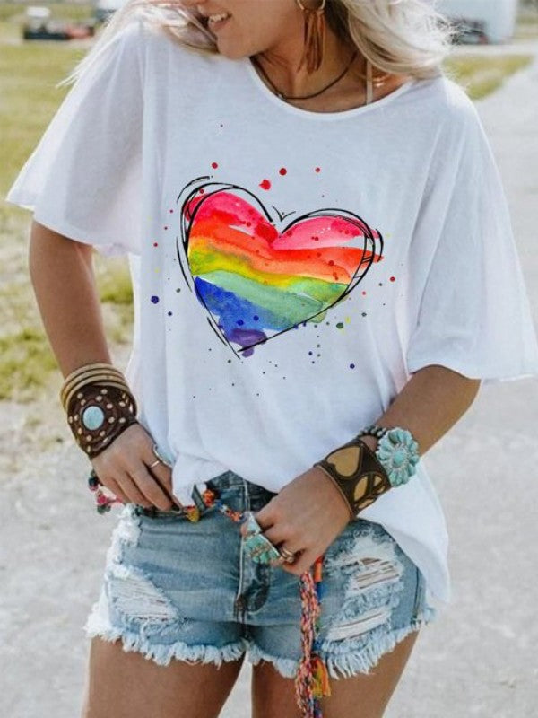 Women Heart Printed Short Sleeve T-Shirt