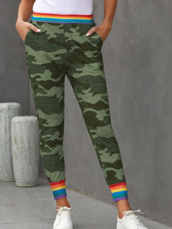 Chalier Rainbow Stripe Green Camo Casual Pants - CHALIER