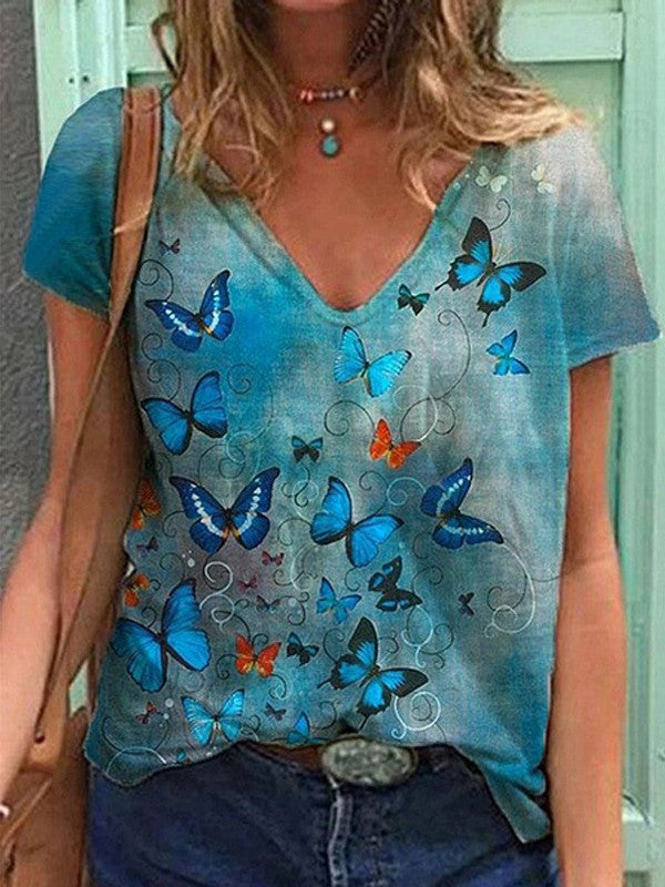 Women Butterfly Printed V Neck Summer T-Shirt