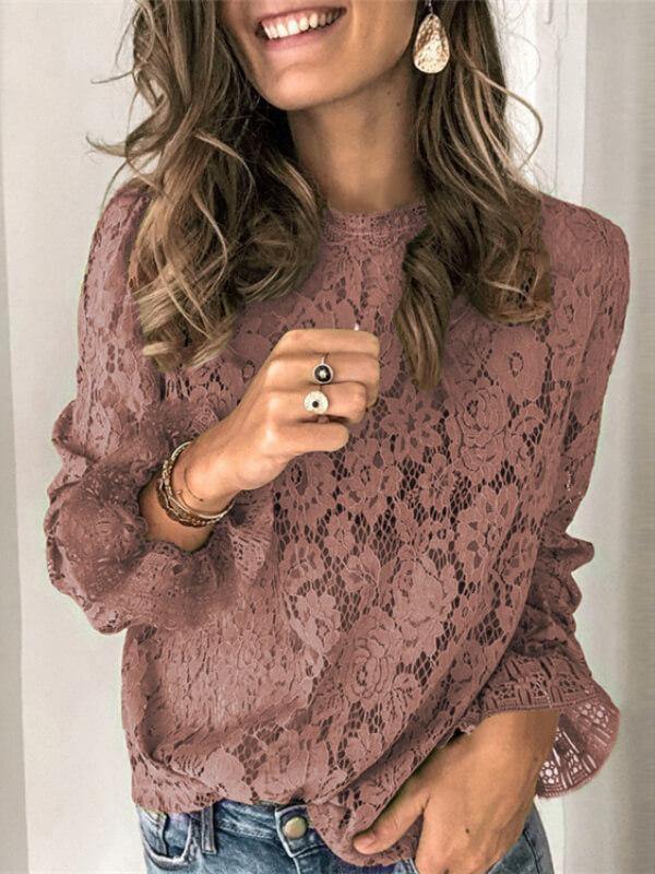 Women Casual Lace Crew Neck Plain Top - CHALIER