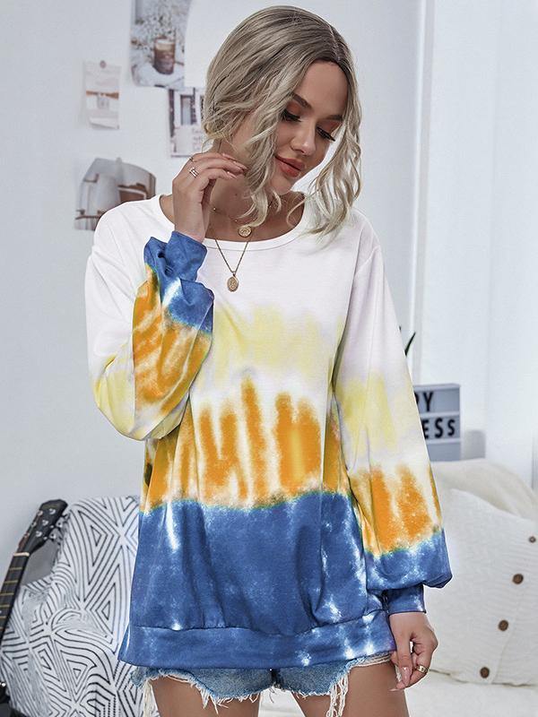 Ladeis Round Neck Tie-Dye Long-Sleeved Sports Sweatshirt - CHALIER