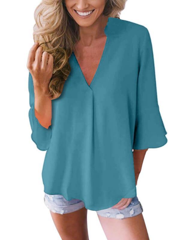 Women 3/4 Sleeve Solid Blouse V Neck Top - CHALIER