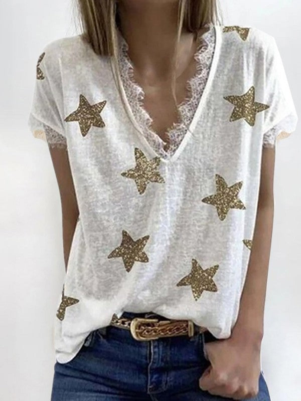 Women Lace Star Printed V Neck Short Sleeve T-Shirt