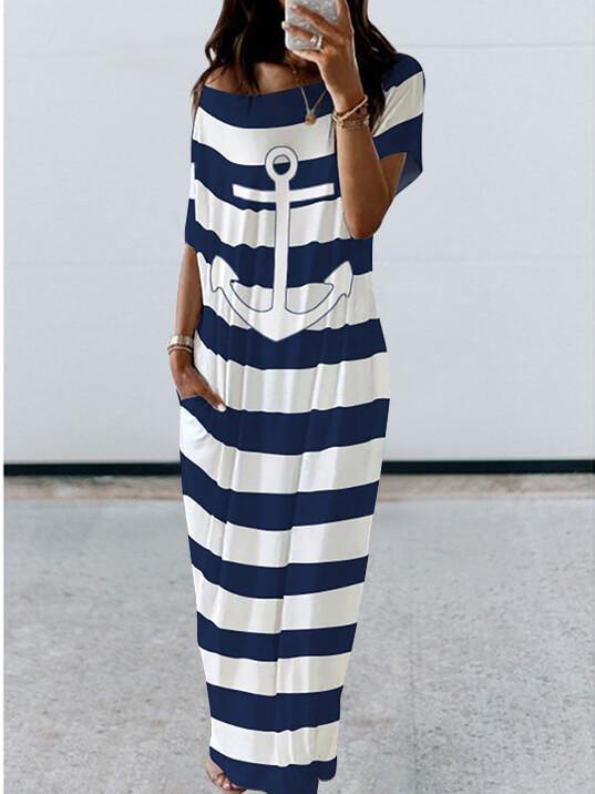 Women Striped Printed Short Sleeve Maxi Dress - CHALIER