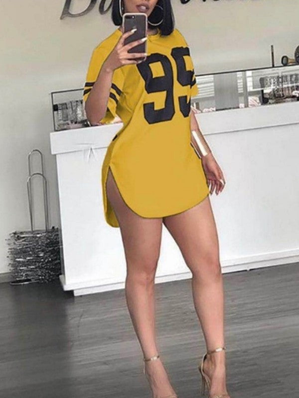 Women Number Printed Short Sleeve Split T-shirt