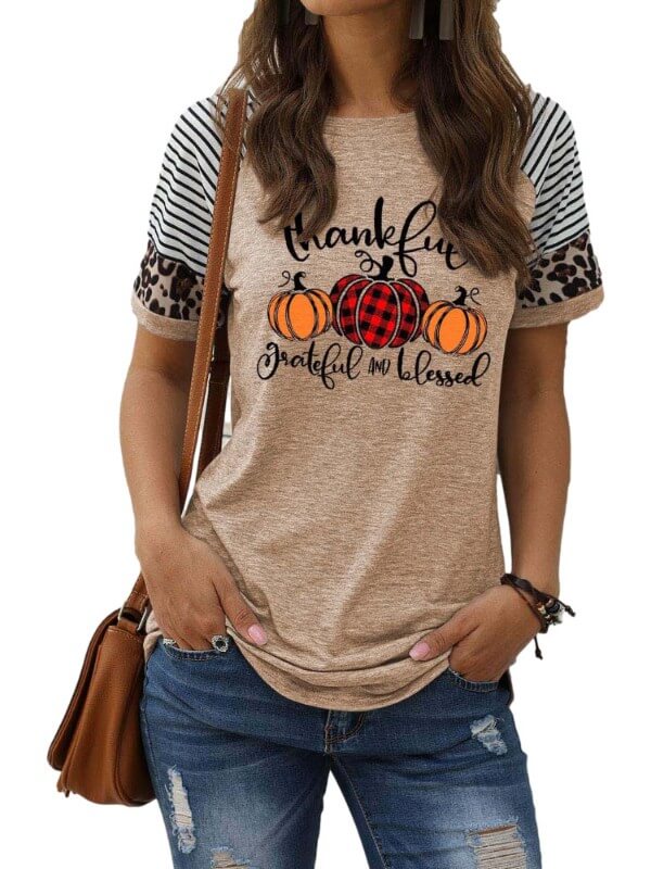Women Pumpkin Printed Sripes Short Sleeve T-Shirt