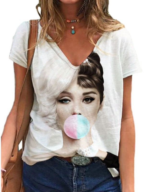 Women Portrait Printed V Neck Short Sleeve T-Shirt
