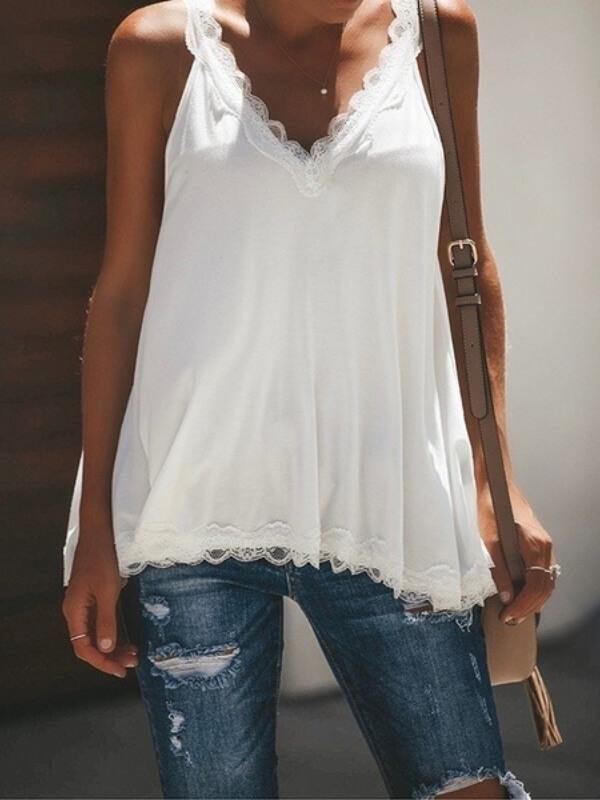 Women's V Neck Paneled Spaghetti Stap Solid Lace Crochet Cami Top - CHALIER