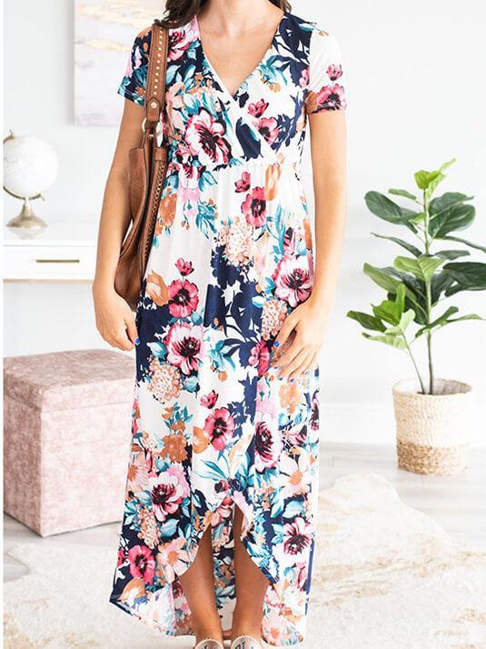 Ladies Short Sleeve Floral Printed Maxi Dress - CHALIER