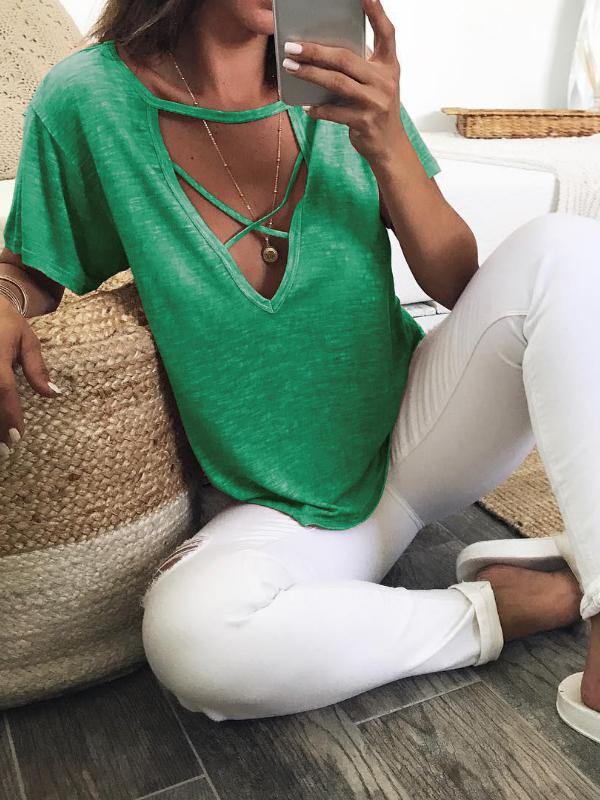 V Neck Short Sleeve Casual Solid Top&T-Shirt - CHALIER