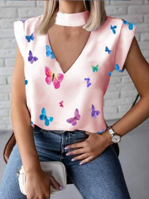 Ladies Butterfly Printed V Neck Sleeveless T-Shirt - CHALIER