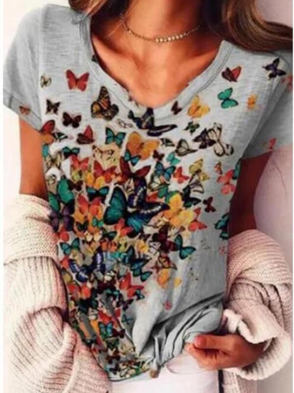 Women Butterfly Printed Short Sleeve V Neck Shirts & Tops - CHALIER