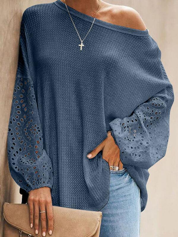 Women Solid Loose Hollow Long Sleeve T-Shirt - CHALIER