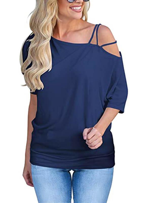 Women Solid Cold Shoulder Half SleeveCasual T-Shirt - CHALIER