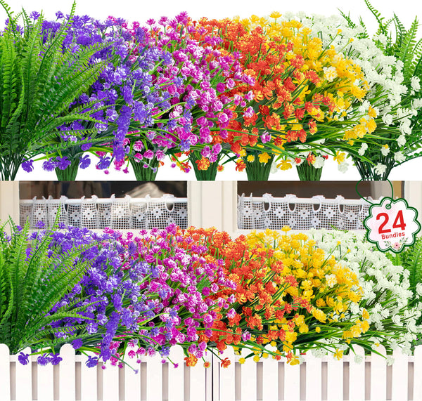 24 Bundles Outdoor Artificial Flowers Colorful Faux UV Resistant Outdoor Artificial Greenery Boston Fern for Spring Summer Patio Decor
