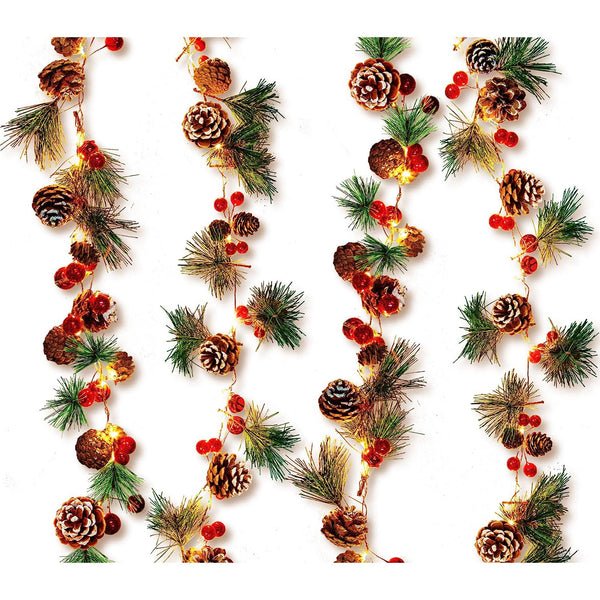 2 Pack Christmas Garland with Lights, Total 13.2 Ft 40 Led Battery Operated Christmas String Lights with Red Berries Pinecones Bells for Home Mantle Fireplace New Year Party Christmas Decorations