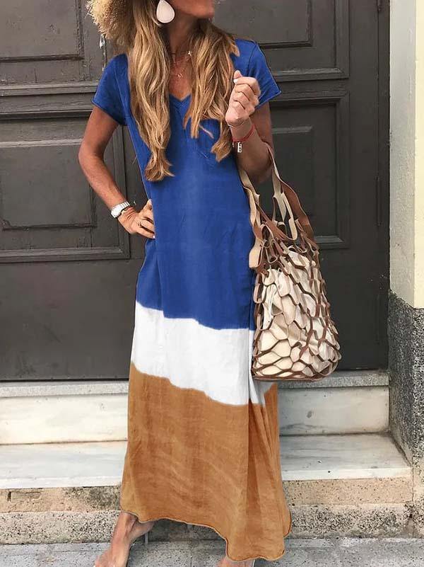 Women's Simple Casual V-Neck Loose Paneled Maxi Dress Short Sleeve Plus Size - CHALIER